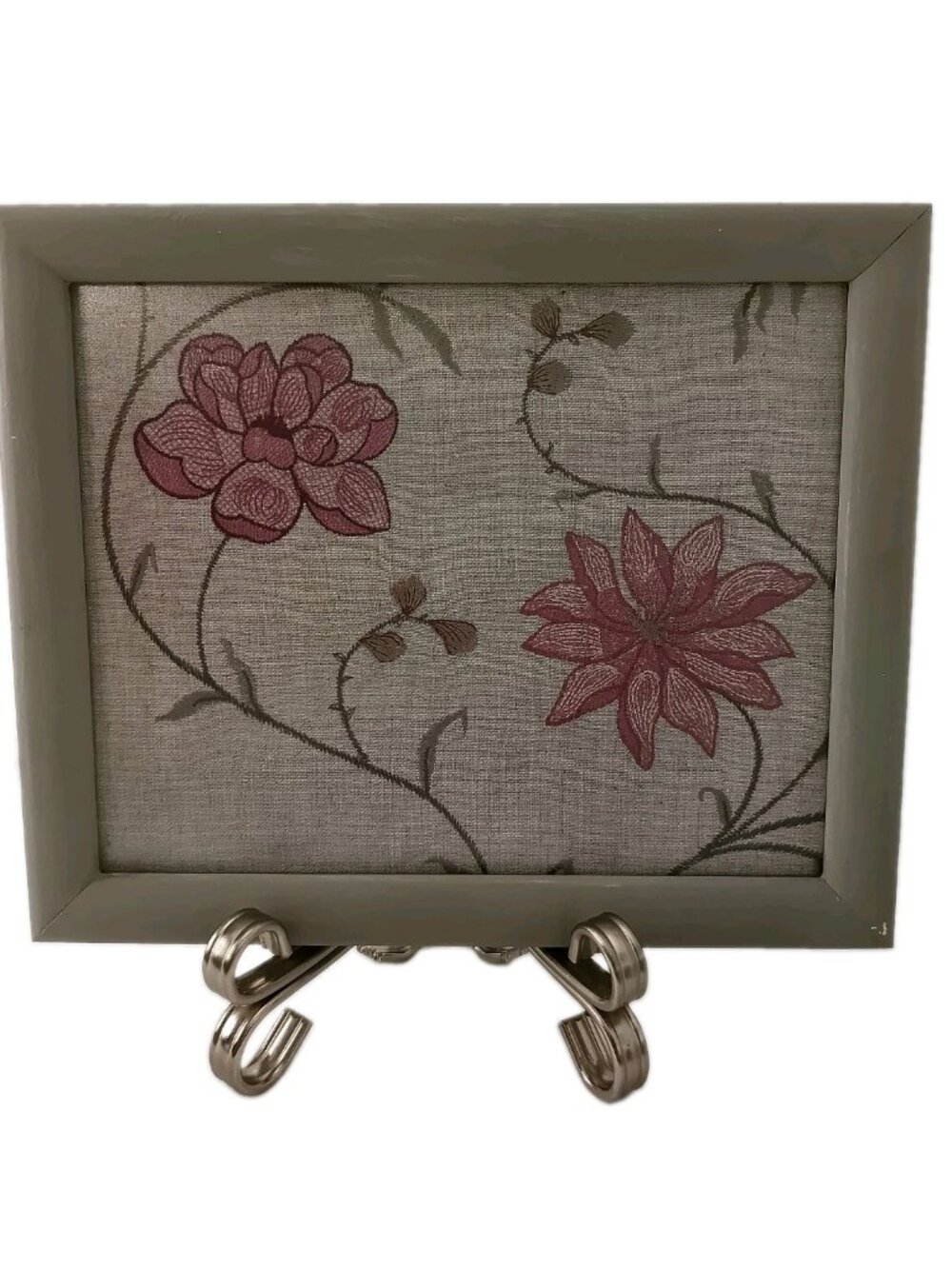 Vintage Embroidered Upholstery Fabric Sample Framed Floral Wall Art Pink Flowers